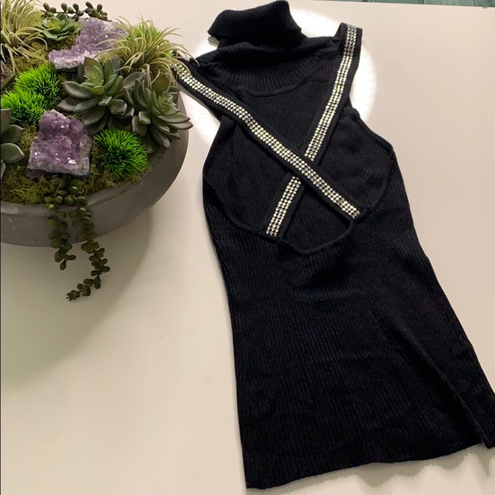 Vintage Marciano Sleeveless Rib Knit Turtleneck black crystal rear embellished